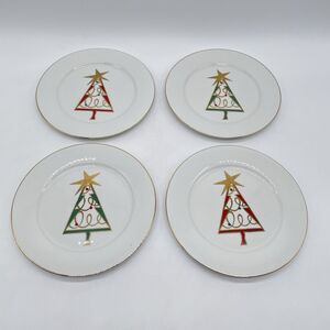 Set of 4 Pier 1 Christmas Tree Holiday Salad Plates 7.5” Green Red Gold Star